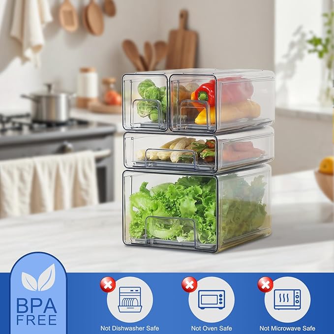 Bronkeeper Pull Out Clear Fridge Organizer Drawers with Drainer, Refrigerator Stackable Storage Bins for Kitchen Fruit & Veggie Organization (2PCS, Small)