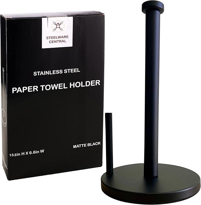Black Paper Towel Holder Countertop Stainless Steel Paper Towel Stand with Weighted Non-Slip Base One-Handed Tear, Rust-Resistant Kitchen Roll Holder, Standard, Jumbo & Large Rolls