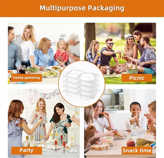Plastic Reusable Snack Containers With Lids 50pcs,Double Compartment Condiment Container For Take-Out Sauces Outdoor Travel (50)