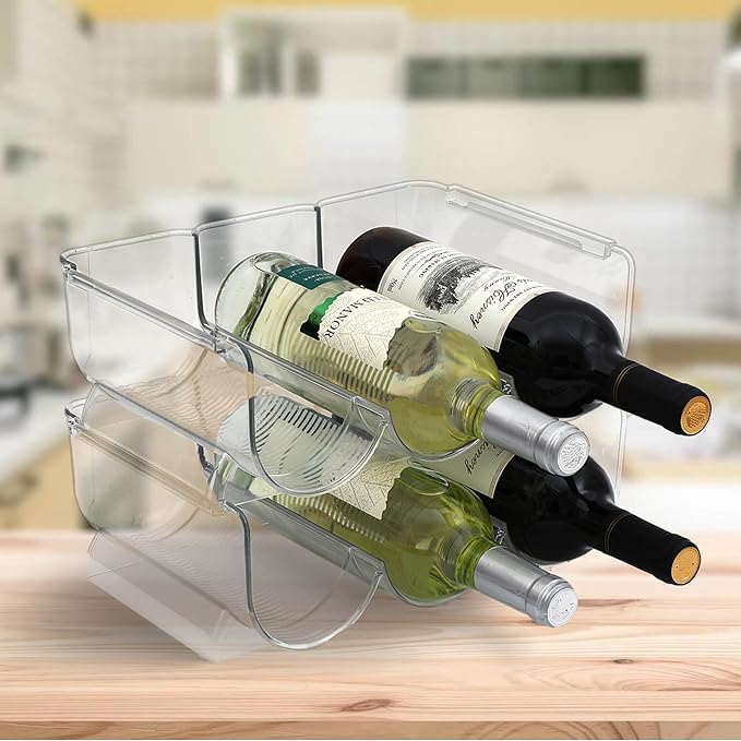 OKITCHEN Set of 2 Stackable Tabletop Wine Rack, Free-Standing Counter Top Water Bottle Storage Organizer, Plastic Wine Rack for Kitchen Countertop, Cabinet and Fridge Organization, 3-Bottle 2 Packs