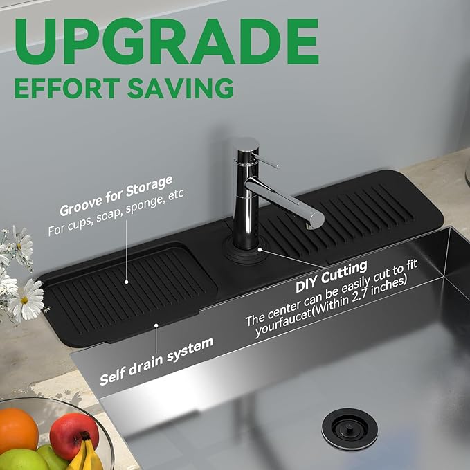 Kitchen Sink Splash Guard Behind Faucet 24 x 5.5 Inch, Toovem Faucet Handle Drip Catcher Tray, Longer Silicone Sink Faucet Mat, Dish Soap Sponge Holder for Bathroom, Farmhouse, Bar, Rv,Black