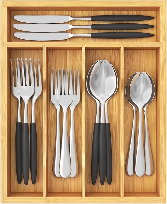 Lifewit Silverware Drawer Organizer, Utensil Tray for Kitchen, 5 Slot Bamboo Flatware and Cutlery Holder, Wood Storage for Spoons Forks Knives, 9.9 x 12.8 Inches, Natural