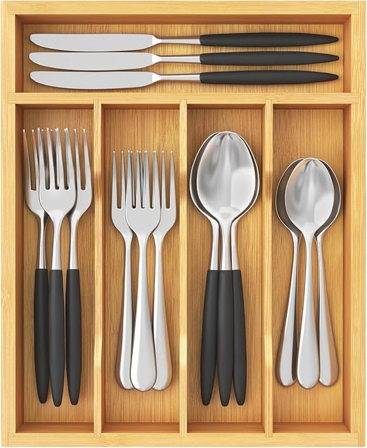 Lifewit Silverware Drawer Organizer, Utensil Tray for Kitchen, 5 Slot Bamboo Flatware and Cutlery Holder, Wood Storage for Spoons Forks Knives, 9.9 x 12.8 Inches, Natural