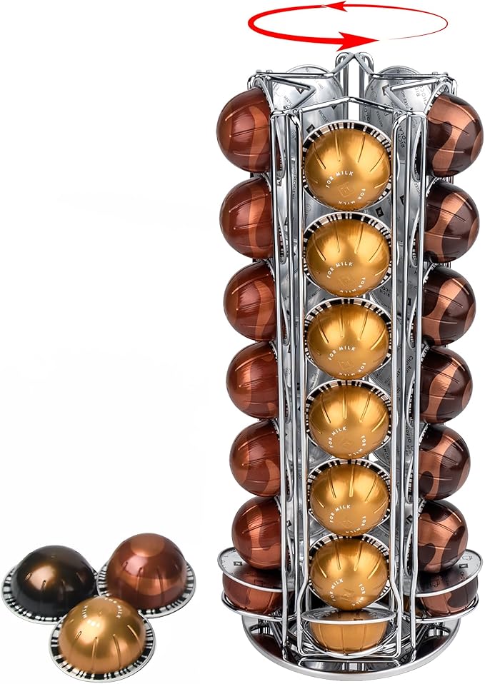 35 Coffee Pods Holder - Silver - 360° Spinning Coffee Pod Carousel Stand | Holds 35 Capsules | Compact Countertop Organizer with Silent Rotation, Durable & Modern