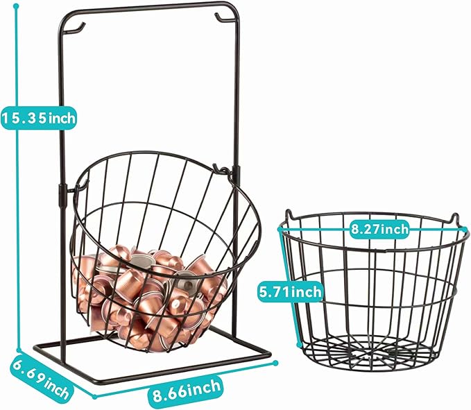 2 Tier Coffee Pod Holder - K Cup Holder Organizer,Hanging Basket Stand for Kitchen Countertop,Coffee Bar Accessories, Metal Black