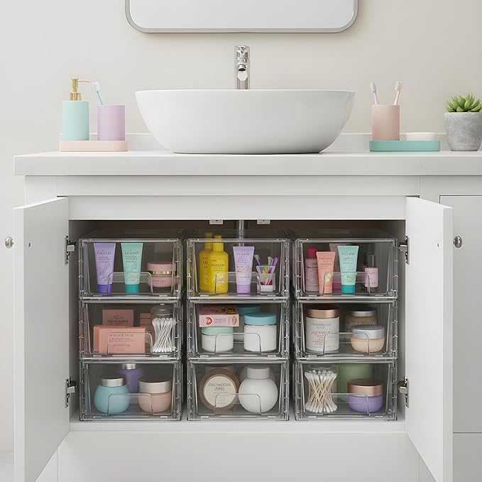 4 Pack Stackable Storage Drawers,Plastic Organizers Bins, Drawers Storage with Handles and Movable Dividers for Organization and Storage in Fridge,Bathroom, Pantry, Kitchen Cabinets, Under Sink