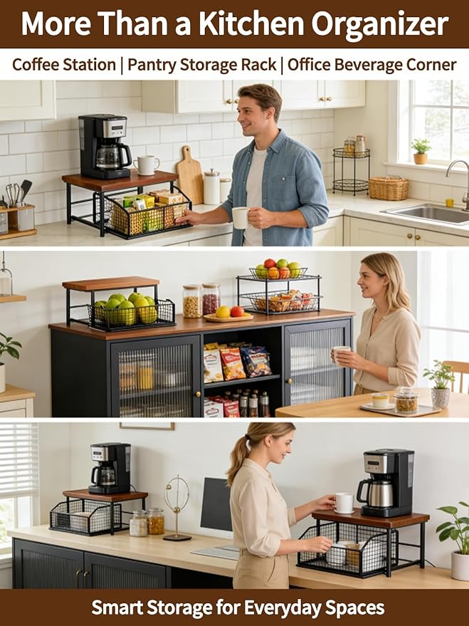 Kitchen Countertop Organizer with Drawer and Wire Basket, Microwave Cart Stand with Sliding Storage Shelf, Space-Saving Counter Organizers Rack, Compact 2-Tier Shelf for Coffee Maker(Wood-Black)