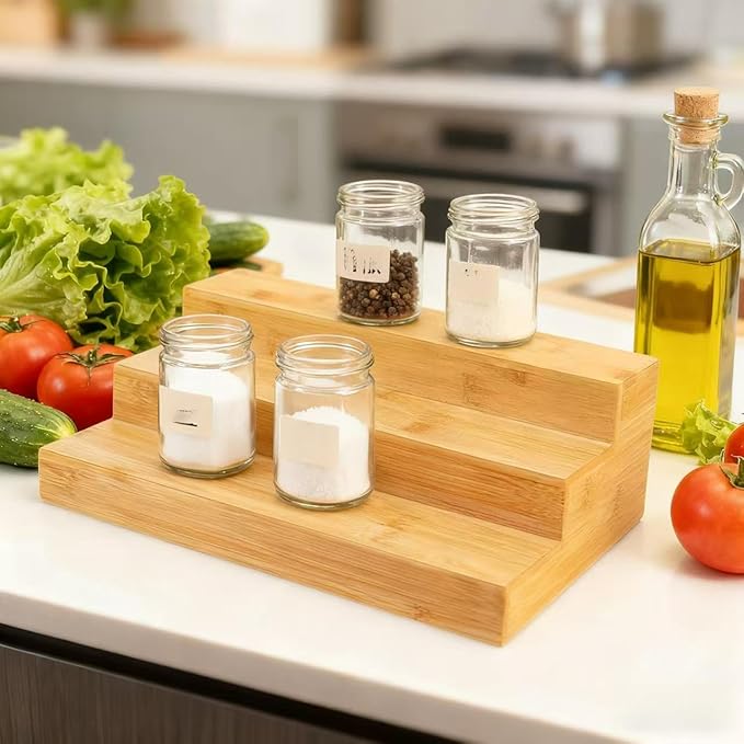 2 Pack Bamboo Spice Rack Organizer – 3 Tier Wooden Countertop & Cabinet Spice Rack for Kitchen Storage, Tiered Spice Organizer for Cabinet and Pantry