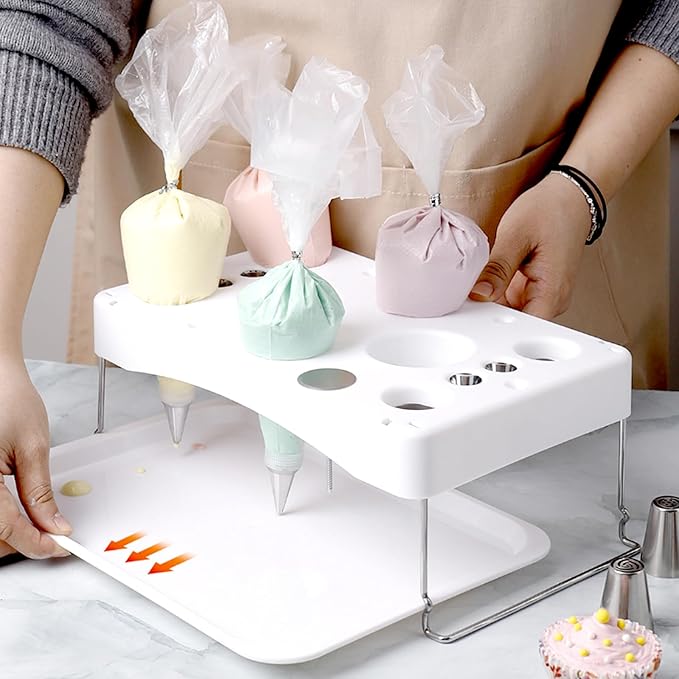Collapsible Piping Bag Stand with Drip Tray - 12 Hole Organizer + Nail Slots | Compact Baking Storage for Countertops, Home Bakeries & Kitchens