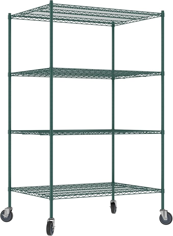 Commercial NSF Listed Green Epoxy Mobile Wire Shelving Kit 36" x 48" x 80", with 4 Shelves Perfect for Warehouse, Walk-in Refrigerator, Freezer, Grocery Store, Restaurant, Dishroom