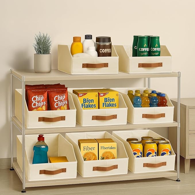 Fabric Storage Bins for Organizing - 12 Pack Large Trapezoid Collapsible Storage Bins with Front Handle, Closet Organizers and Storage for Bedroom, Home Shelves, Small Spaces, Beige