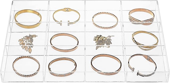 Large Clear Jewelry Organizer Display Tray, Storage Case for Rings, Earrings, Necklaces, Acrylic Drawer Organizer Trays (12 Grids)