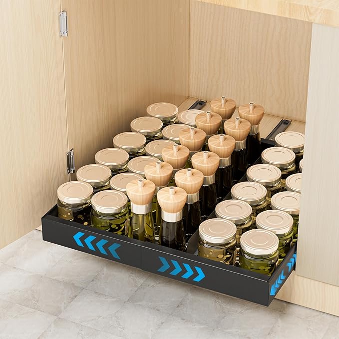 Insputer Pull Out Cabinet Organizer Expandable Width(12.2"-20.47") & 21" Deep, Slide Out Drawers for Kitchen, Pantry with Magnetic Panel, Upgrade 3 Slide Rails, No Drill Adhesive Roll Out Shelf Black