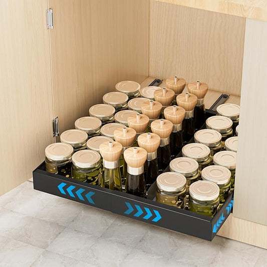 Insputer Pull Out Cabinet Organizer Expandable Width(12.2"-20.47") & 21" Deep, Slide Out Drawers for Kitchen, Pantry with Magnetic Panel, Upgrade 3 Slide Rails, No Drill Adhesive Roll Out Shelf Black
