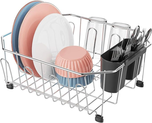 iSPECLE Small Dish Drying Rack for Kitchen Sink - Stainless Steel Compact in Sink Dish Drainer with Removable Utensil Holder for RV Apartment Essentials, 11.6" W x 13.4" L, Rust Resistant, Silver