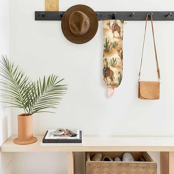 Plastic Bag Holder Wall Mount Grocery Bag Shopping Bag Storage Holder Organizer Dispenser with Adhesive Hook,for Kitchen Bathroom Home Decor 9x22 Inches Western Cowboys Camels Cacti39