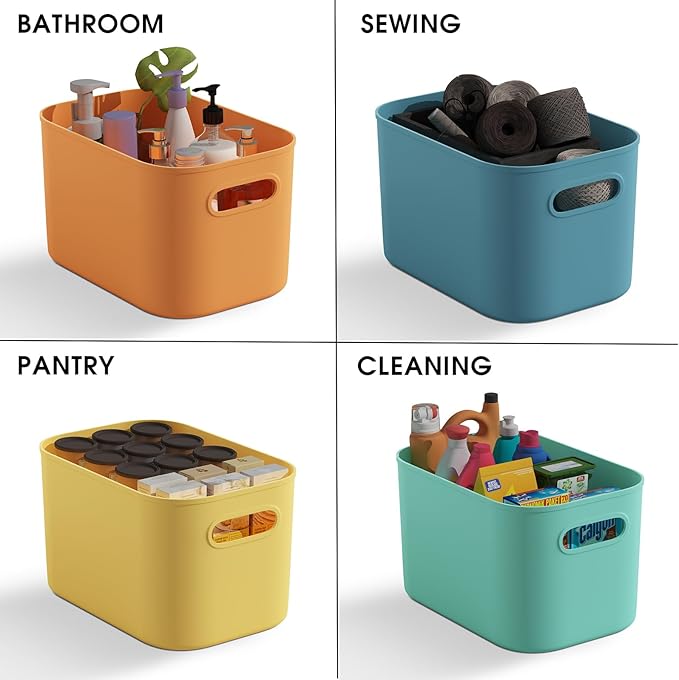 12 Pack Colorful Plastic Storage Bins, Storage Container for Organizing, Colored Storage Boxes with Handle for Shelves, Cute Organizer Bins for Craft, Snacks, Cabinet, 9.69x6.7x5.7 inch