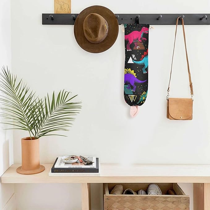 Plastic Bag Holder Wall Mount Grocery Bag Shopping Bag Storage Holder Organizer Dispenser with Adhesive Hook,for Kitchen Bathroom Home Decor 9x22 Inches Retro Memphis Geometry Dinosaurs22
