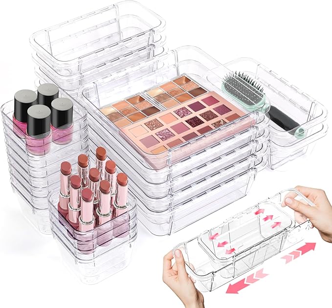 25-Piece Clear Drawer Organizer Set - Adjustable Acrylic Storage Bins with 3 Sizes for Makeup, Kitchen Utensils, Bedroom Dressers - Desk & Tool Organizer for Home, Office, Craft Rooms