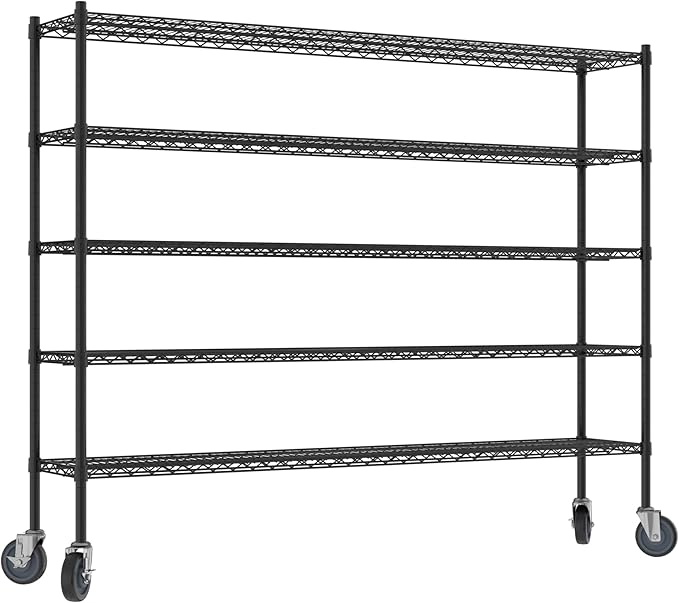 Commercial NSF Listed Black Epoxy Mobile Wire Shelving Kit 14" x 72" x 60", with 5 Shelves Perfect for Warehouse, Walk-in Refrigerator, Freezer, Grocery Store, Restaurant, Dishroom