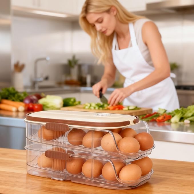 Automatic Rolling Egg Holder for Fridge 2-Layer Stackable Egg Organizer for Refrigerator Clear BPA-Free Egg Container with Lid Large-Capacity Egg Dispenser & Egg Storage Rack Holds 28 Eggs