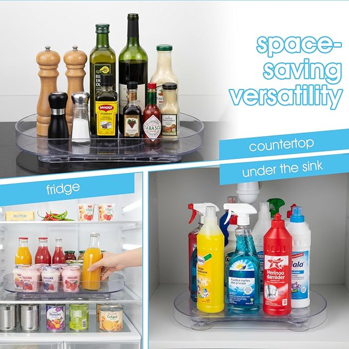 Afcabakila Lazy Susan Turntable for Refrigerator, 15"x11" Rotating Spice Rack Organizer 360°Clear PET Organizer Storage Tray Cabinet, Pantry Countertop with Suction Cups Large Rectangular Fridge Shelf
