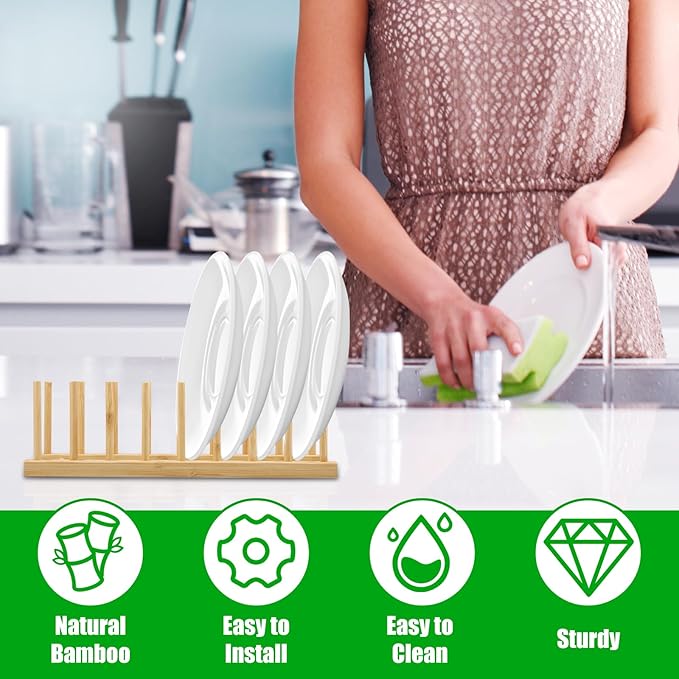 6 Pack Bamboo Dish Dying Rack 8-Slot Wooden Plate Stand Holder Pot Lid Organizer Home Kitchen Cabinet Drainer Storage Racks for Dish, Pots, Lids, Bowls, Cups, Cutting Boards, Books