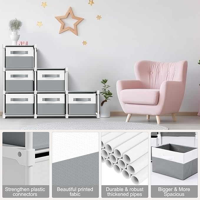Thyle Large Cube Storage Organizer Shelf with 6 Bins 14 Inch Fabric Collapsible Cubby Storage Drawers Shelving Unit for Christmas Ornaments Clothes Toys Craft(Gray-white,Minimalist)