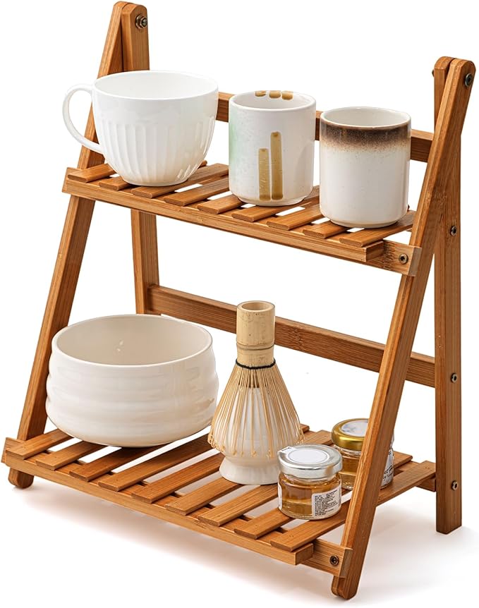 Matcha Station Shelf, 11.8'' Coffee Station Organizer, 2 Tiers Bamboo Mug Holder Countertop, Desktop Flower Pot Rack for Home Living Room Window Sill Foldable Display Storage Shelf(Brown)