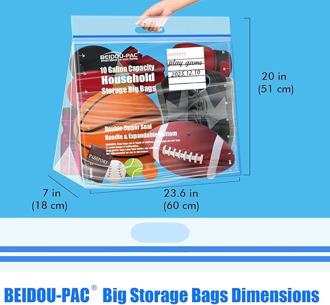 BEIDOU-PAC 10 Gallon Large Storage Bags with Handle, 25 Counts | Double Zipper Seal | Expandable Bottom, Resealable Clear zip Bags