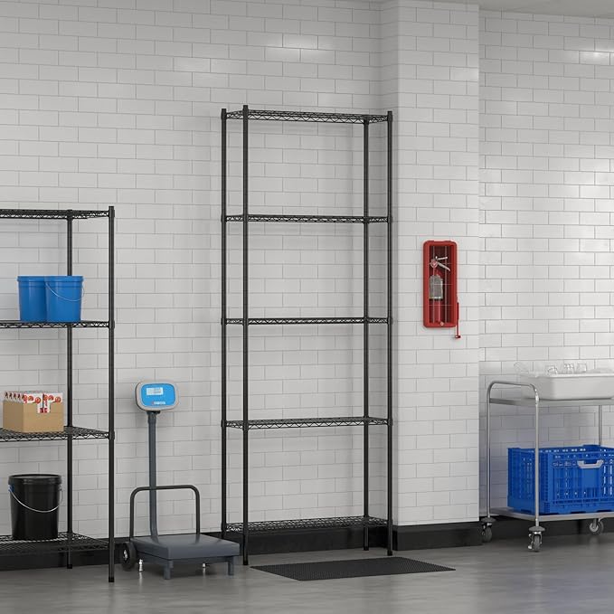 Commercial NSF Listed Black Epoxy Stationary Wire Shelving Kit 12" x 36" x 96", with 5 Shelves Perfect for Warehouse, Walk-in Refrigerator, Freezer, Grocery Store, Restaurant, Dishroom