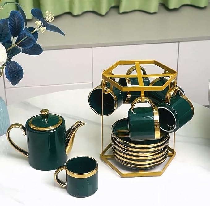 Coffee Mug Holder Countertop,Muted Golden Yellow Metal Coffee Cup Holders for Counter,Warm Dark Gold Mug Stand Rack for Counter Top 6 Hooks(Hexagon,Muted Gold)