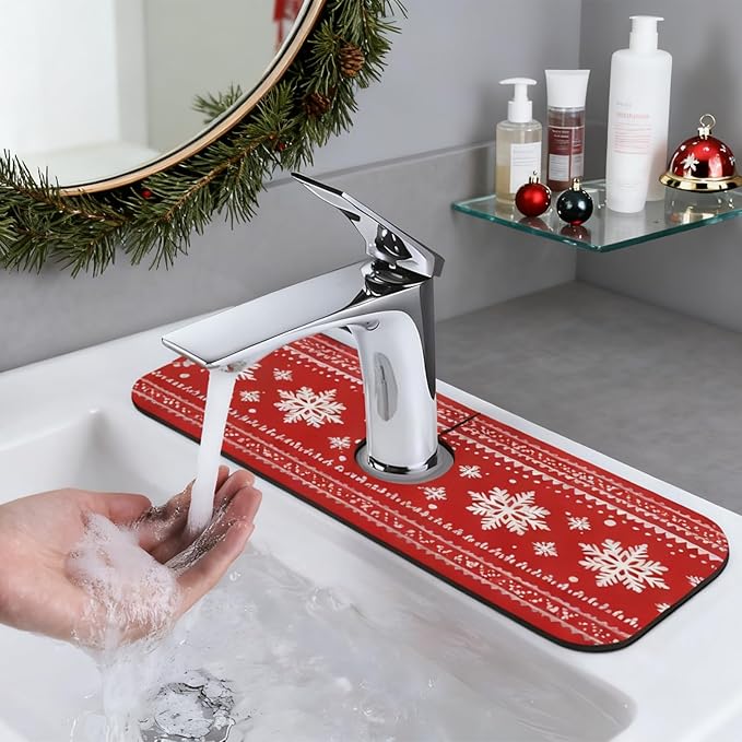 Sink Faucet Mat Red Winter Snowflake Kitchen Splash Guard Absorbent Bathroom Sink Mat Around Faucet 15" x 5.5" Drying Mats Stone Draining Mat