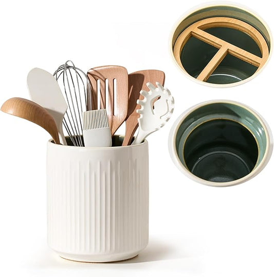 JIEMEI HOME Kitchen Utensil Holder, 7.2" Large Ceramic Stable Utensil Crock for Countertop, Utensil Organizer with Cork Mat, Removable Bamboo Divider for Easy, Kitchen Decor, White & Green