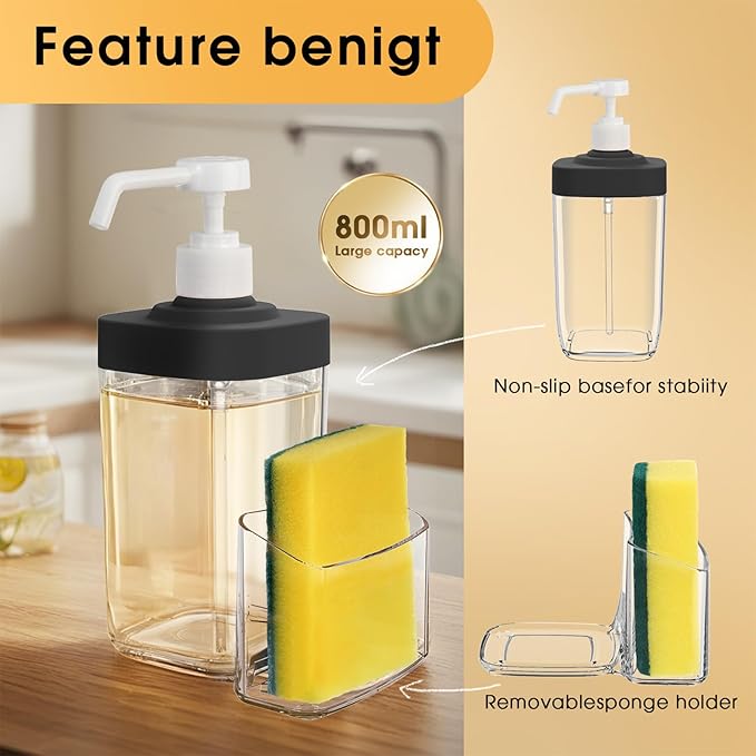 Kitchen Soap Dispenser with Sponge Holder, 800ml Large Capacity Dish Soap Dispenser Caddy, Shatterproof & Rustproof Sink Organizer with Extended Tube, Removable Caddy - Free Funnel Included (Black)