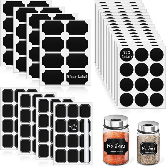 Segarty Spice Jars Labels, 272 Pcs Assorted Square Round Black Chalkboard Label Sticker with 1 Chalk Marker, Removable Blank Stickers to Write-on for Food Containers, Mason, Bottles, Storage Bin