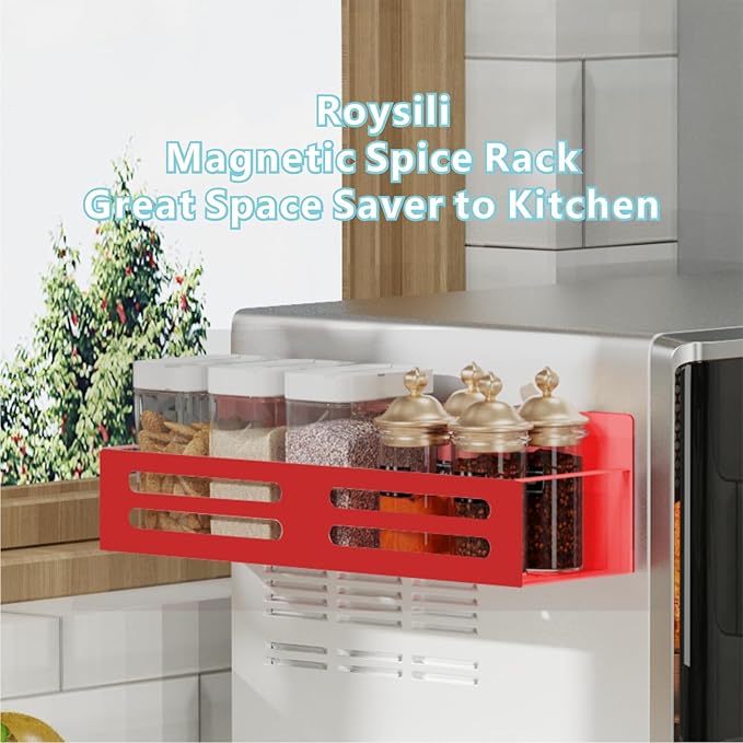 Roysili Magnetic Spice Rack for Refrigerator, Metal Spice Rack Organizer, Magnetic Shelf for Fridge 4Pack Red