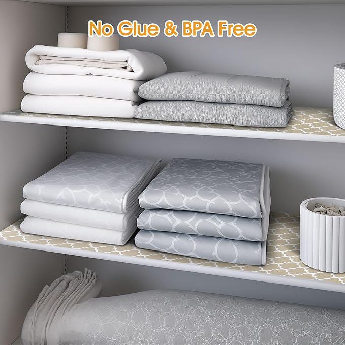 Shinlendid Shelf and Drawer Liner for Kitchen Cabinets Non-Adhesive, Strong Grip Non-Slip Thickened Cabinet Liners for Shelves, Waterproof Mats for Dresser Cupboard, Beige, 17 in x 30 Feet