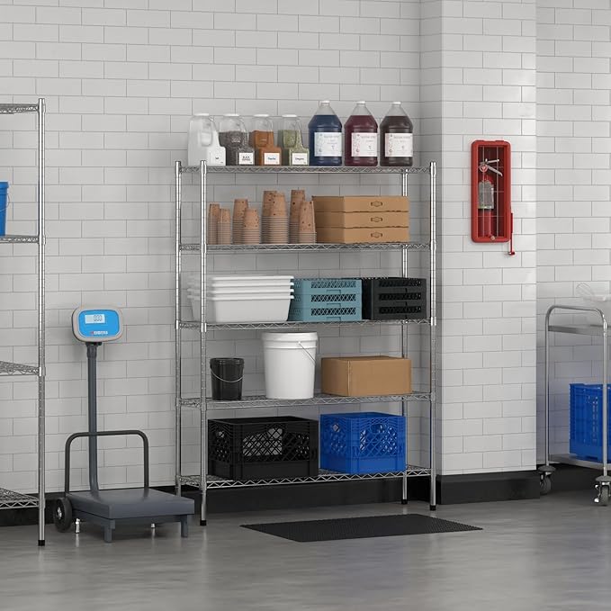 Commercial NSF Listed Chrome Stationary Wire Shelving Kit 12" x 48" x 64", with 5 Shelves Perfect for Warehouse, Walk-in Refrigerator, Freezer, Grocery Store, Restaurant, Dishroom
