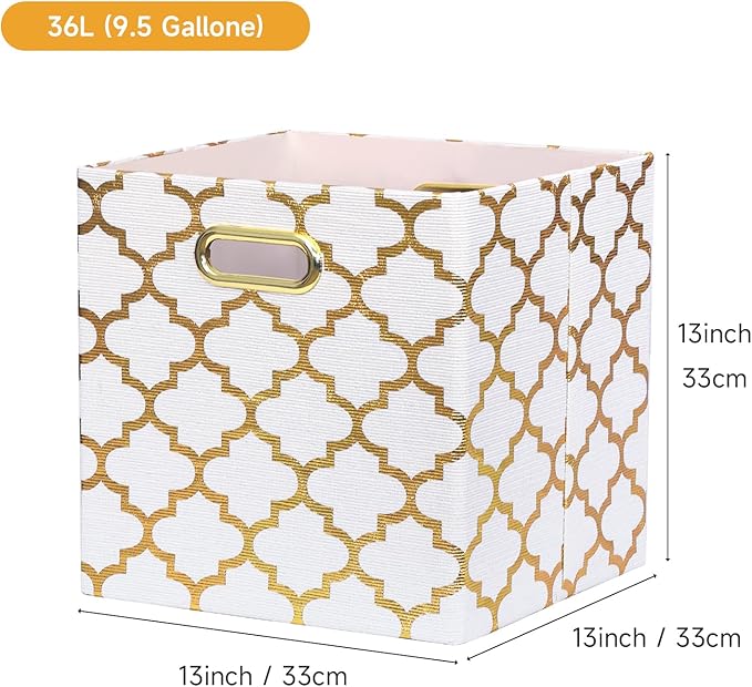 Posprica 13x13x13 Storage Cube Bins, Collapsible Storage Bins Fabric Storage Cubes Organizer Baskets Box Drawers for Shelves, Closet, Wardrobe, Bookshelf, Cabinet, Cream/Gold Lantern, 4 Pack