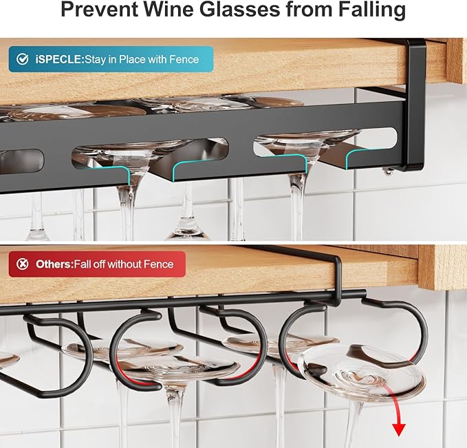 iSPECLE Wine Glass Holder - 3 Rows Under Cabinet Stemware Rack Holds 9 Wine Glasses Upside Down, Quick Access & Tidy Storage for Bar Kitchen, Black