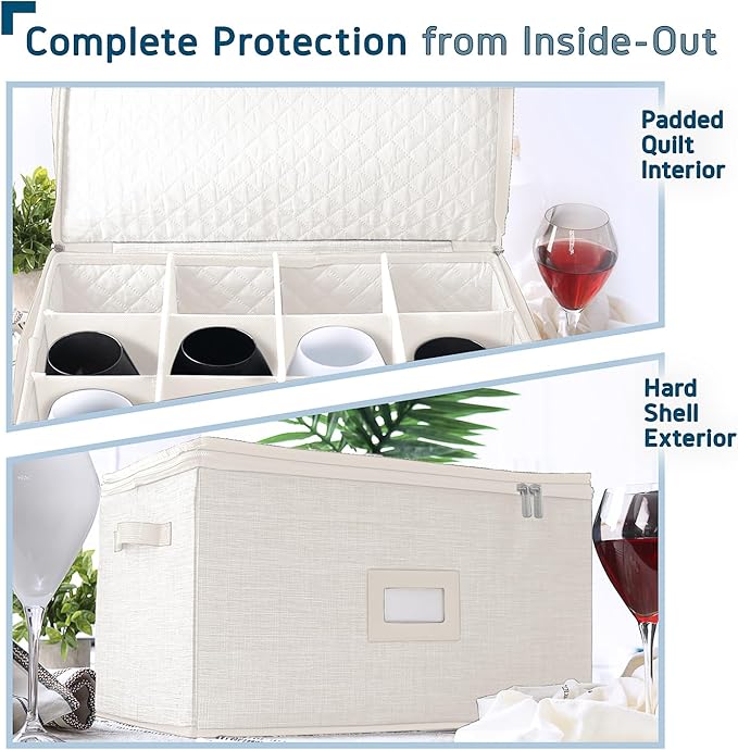 Hearth & Harbor Wine Glass Storage Box with Dividers, Quilted and Stackable Stemware Storage Cases, Service of 12 Glass China Container Hard Shell for Moving and Organization, Cream