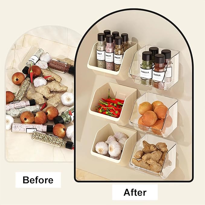 3-Pack Small Beige Storage Baskets, Plastic Storage Bins Kitchen Wall Organizer and Acrylic Shelves, Spice Organizer, Adhesive Spice Rack Wall Mount for Countertop/Cabinet/Bathroom