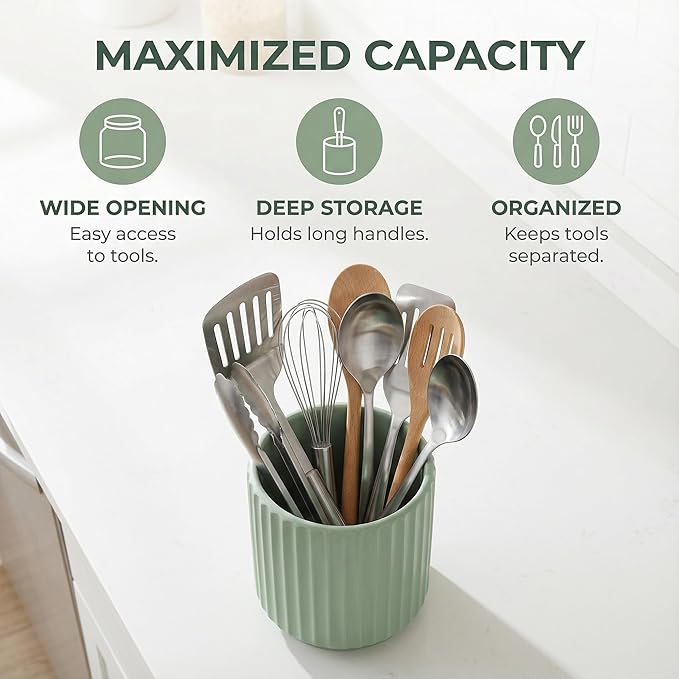 Small Utensil Holder for Kitchen Counter (H5.51” x W4.92”), Countertop Utensil Holder for Kitchen Ceramic, Utensils Crock for Countertop, Includes Silicone Drying Mat, White