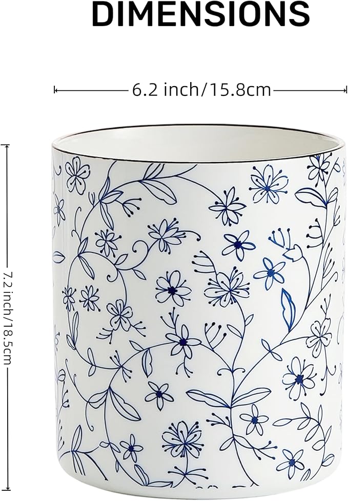 7.2'' Kitchen Utensil Holder – Farmhouse Ceramic Countertop Organizer with Cork Mat, Utensils Crock for Cooking Tools Spatula, Flowers, or Wine Chiller Kitchen Counter Deco (Blue and White)