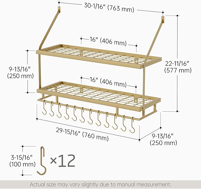 KES 30-Inch Gold Pot Rack Wall Mounted, 2-Tier Hanging Pot and Pan Organizer with 12 Sturdy Hooks, Elegant Modern Kitchen Wall Hanger Shelves, KUR215S75B-GD