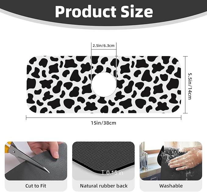 Cow Dalmatian Skin Print Black And White Kitchen Sink Splash Guard Faucet Mat Super Absorbent Fast Drying Mat Sink Gadgets-Fast Drying Pad Sink Mat For Kitchen Bathroom (15" X 5.5" )