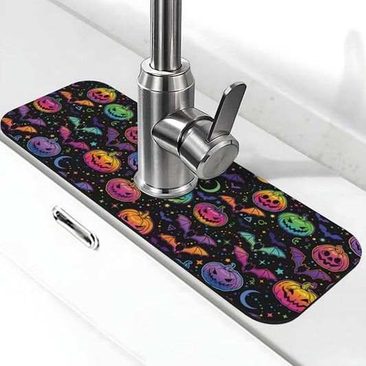 Halloween Pumpkin Bat Pumpkins Bats Kitchen Sink Splash Guard Faucet Mat Super Absorbent Fast Drying Mat Sink Gadgets-Fast Drying Pad Sink Mat For Kitchen Bathroom (15" X 5.5" )