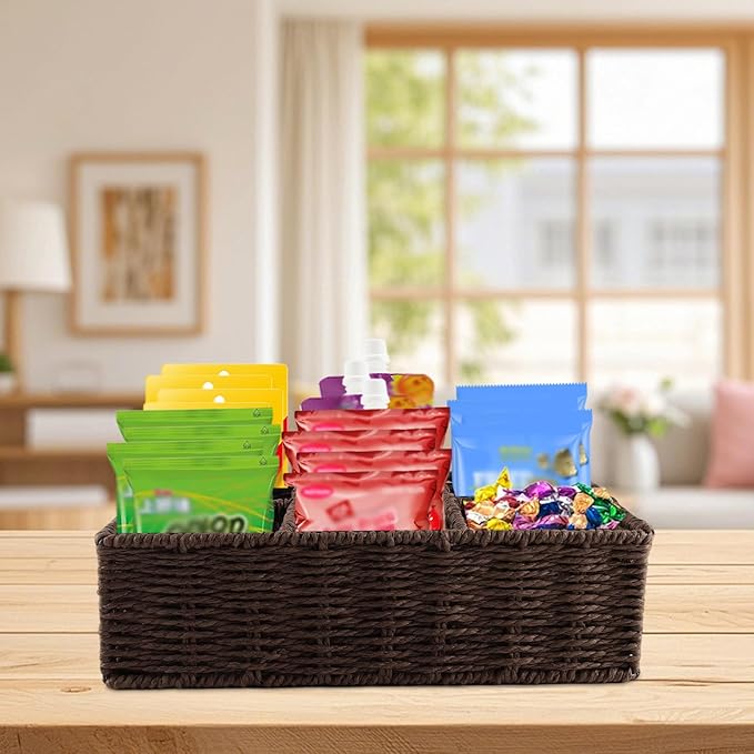 Snack Bar Station Organizer,Pantry Organizers and Storage Bins,Hand-Woven Snack Basket for Countertop with 6 Compartments,Snack Display Box for Candy,Drink Packet,Chips,Spice Organizer,Brown