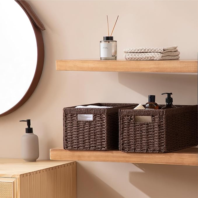 joybest Shelf Storage Wicker Baskets, 4-Pack Woven Paper Rope Baskets for Organizing, Foldable Rectangular Bin with Handles for Pantry, 13.4L x 8.3W x 7.1H Inch, Dark Brown